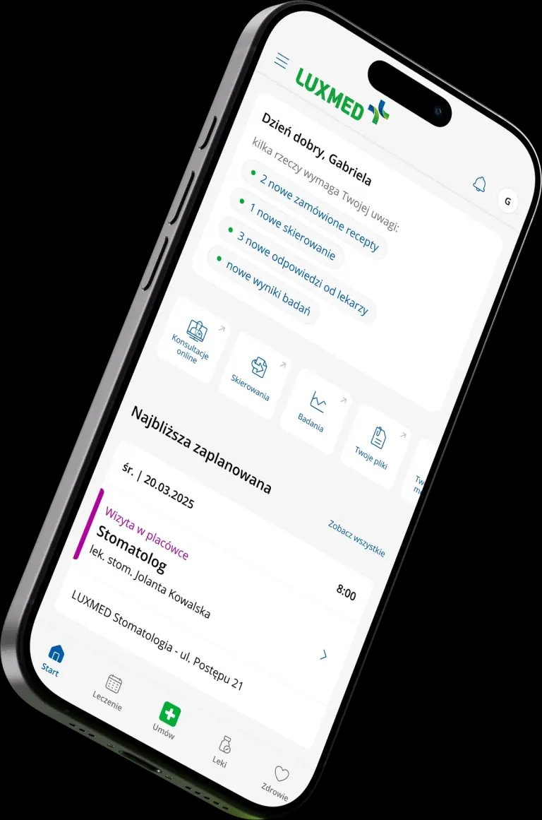 Smartfon pokazujący stomatologiczną wizytę w placówce i dostępne usługi medyczne w aplikacji