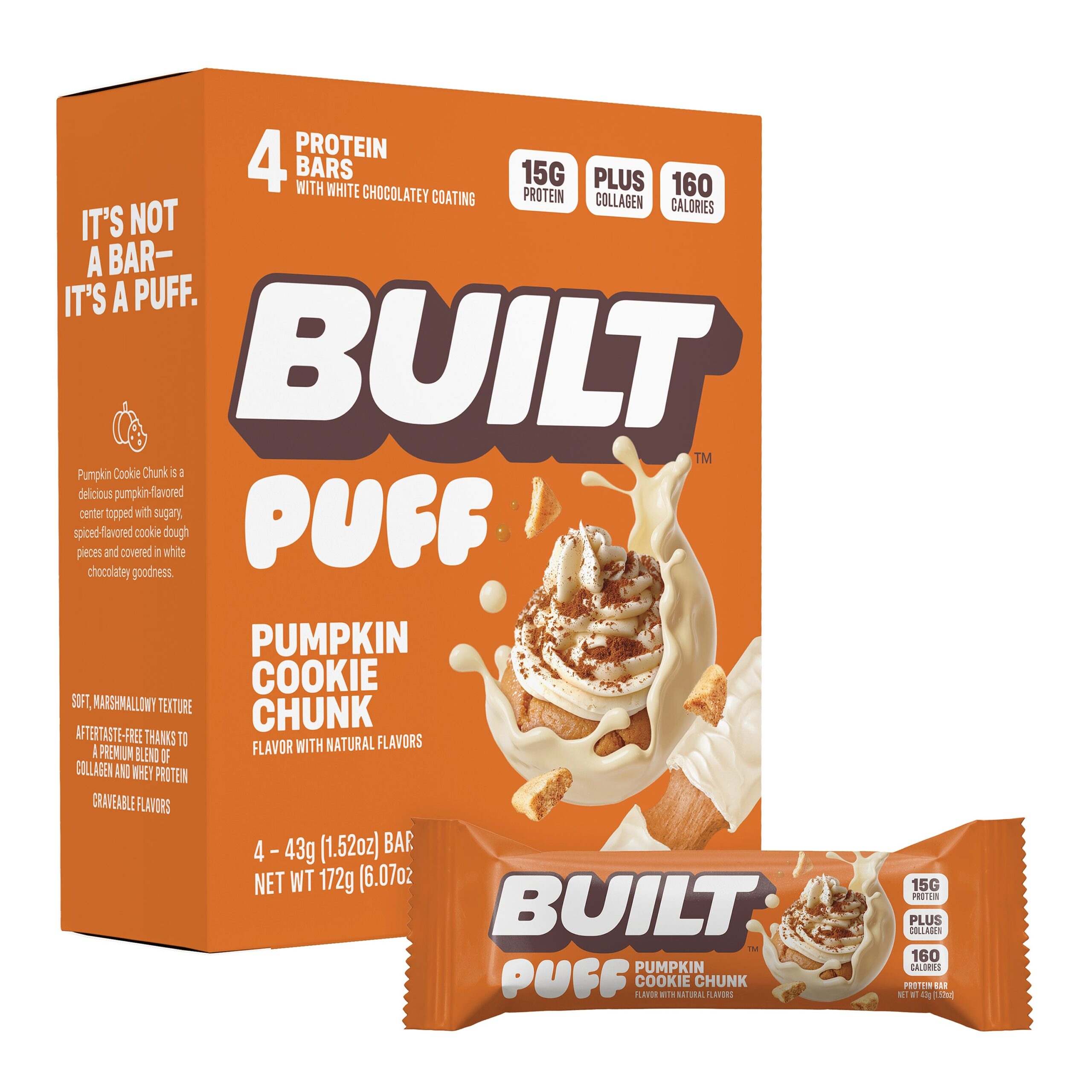 Orange box of pumpkin cookie chunk protein bars with 4-pack and individual bar shown