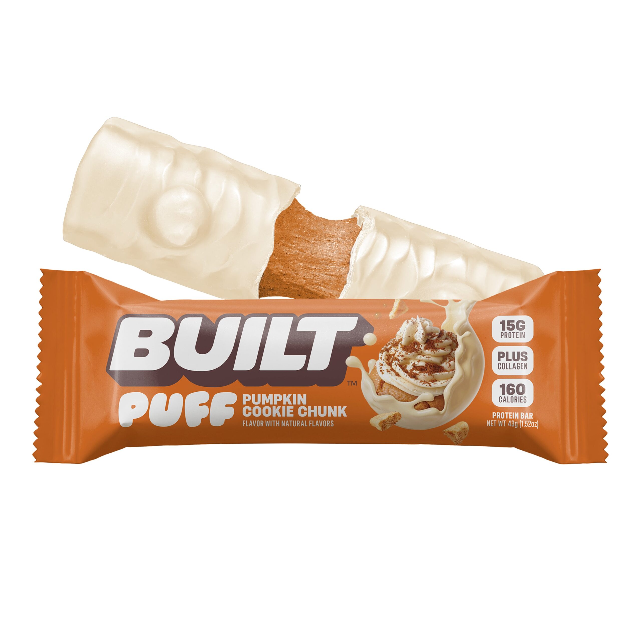 Individual pumpkin cookie chunk protein bar unwrapped showing white chocolate coating and cookie pieces