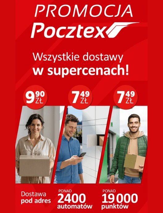 Promocja Paczex z trzema osobami prezentującymi dostawę paczek, ceny od 7,49 zł i oferta w supercenach
