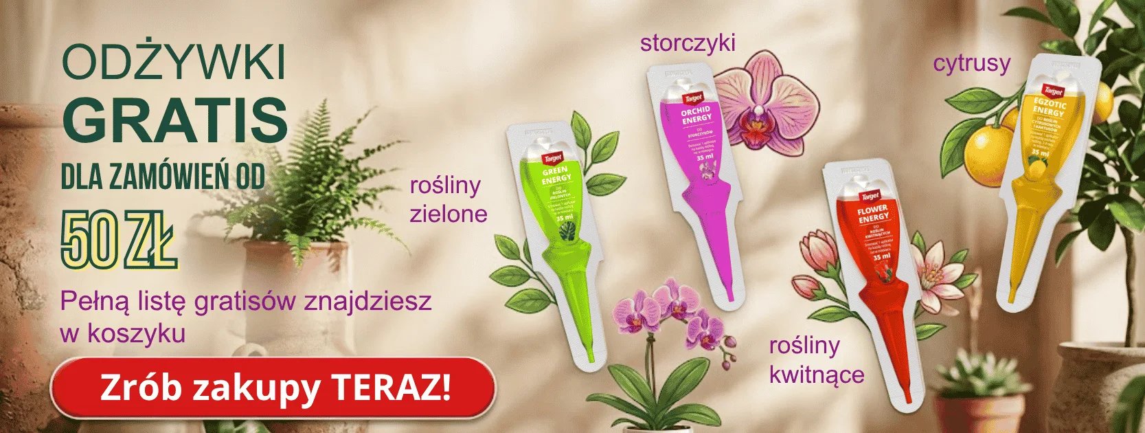 Kolorowe fiolki nawozów roślinnych Green Energy, Orchid Energy i Flower Energy ustawione wśród doniczek z roślinami w salonie