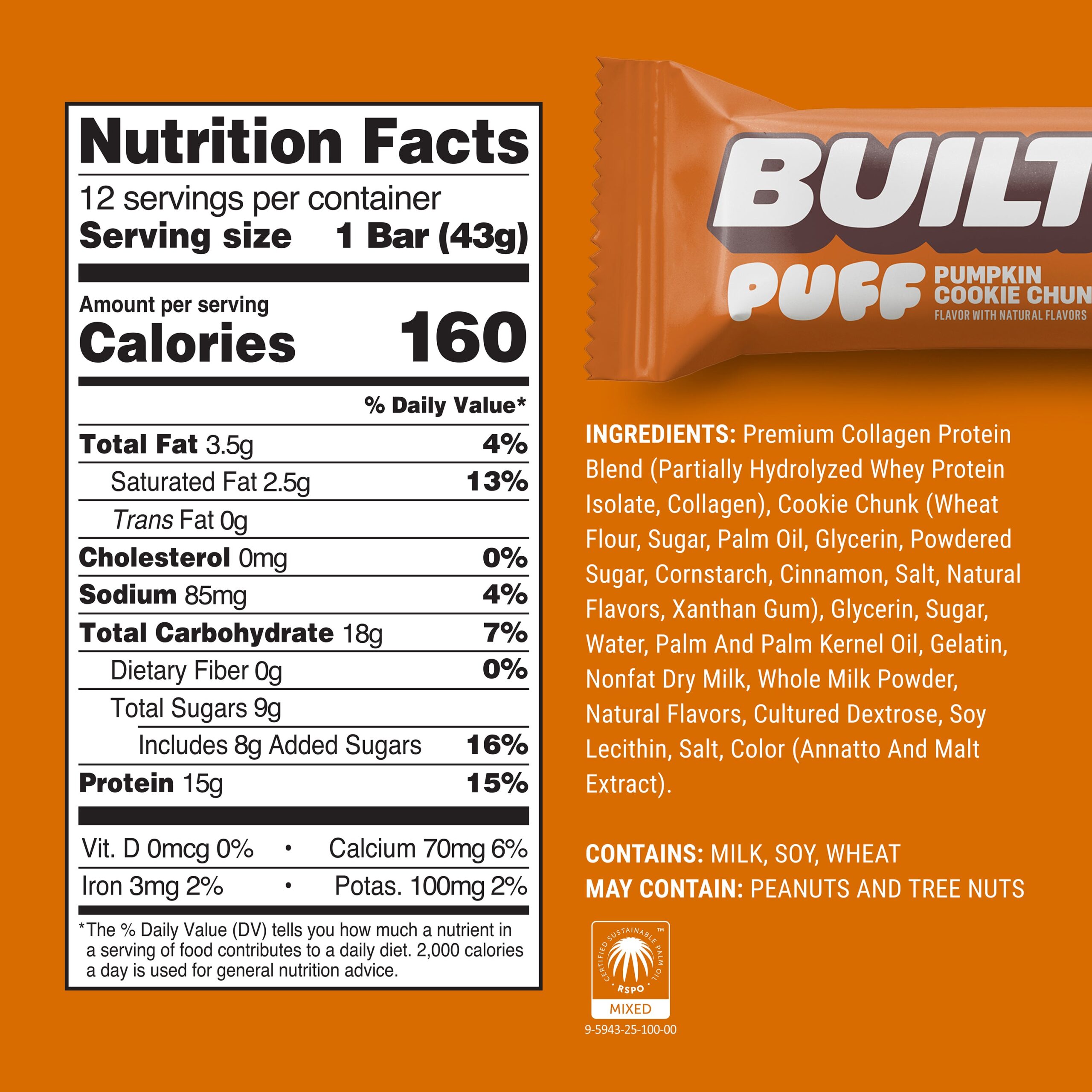 Nutrition facts label showing 160 calories, 15g protein per 43g bar, with ingredients list and allergen information