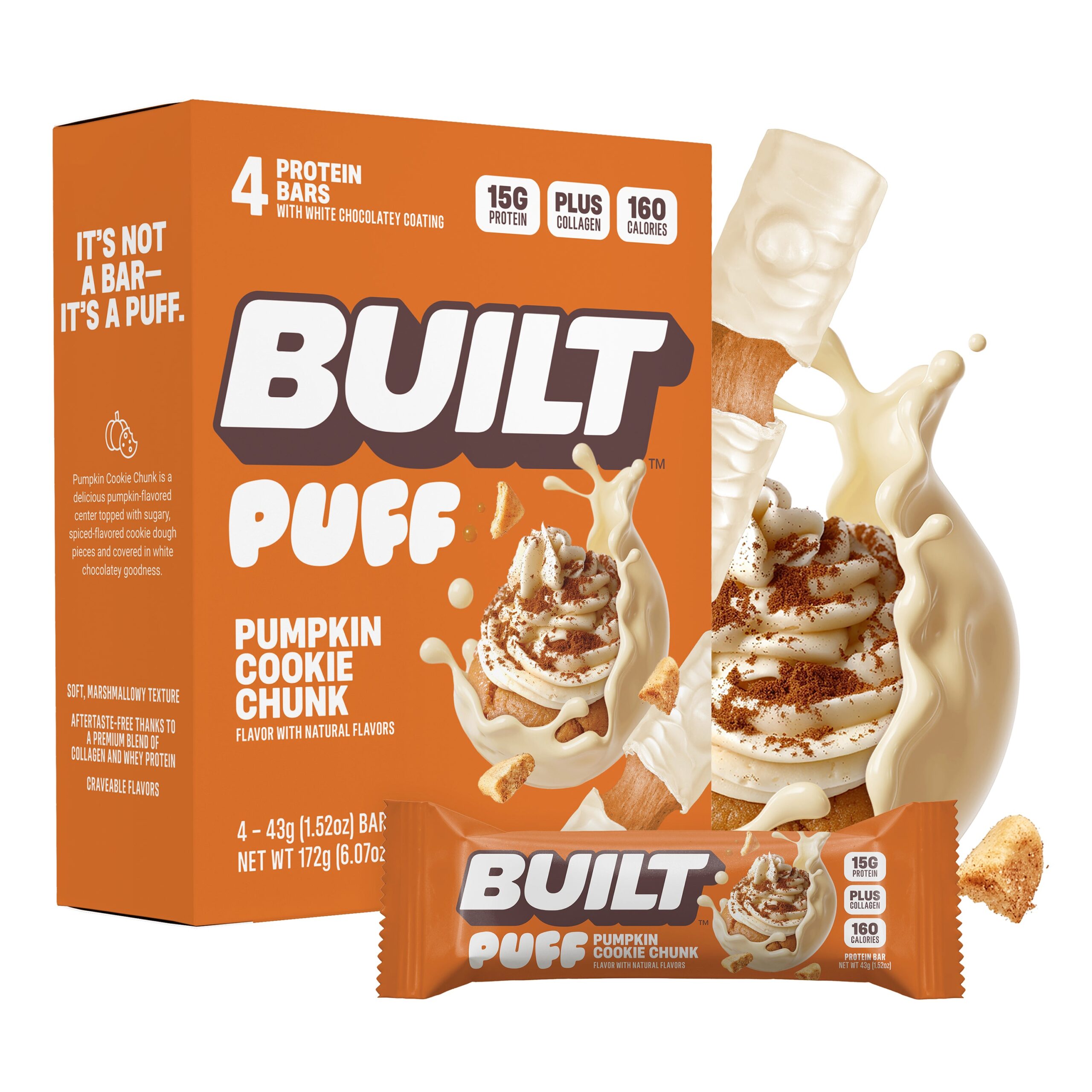 Orange product box and individual wrapper of pumpkin cookie chunk protein bar with white chocolate coating