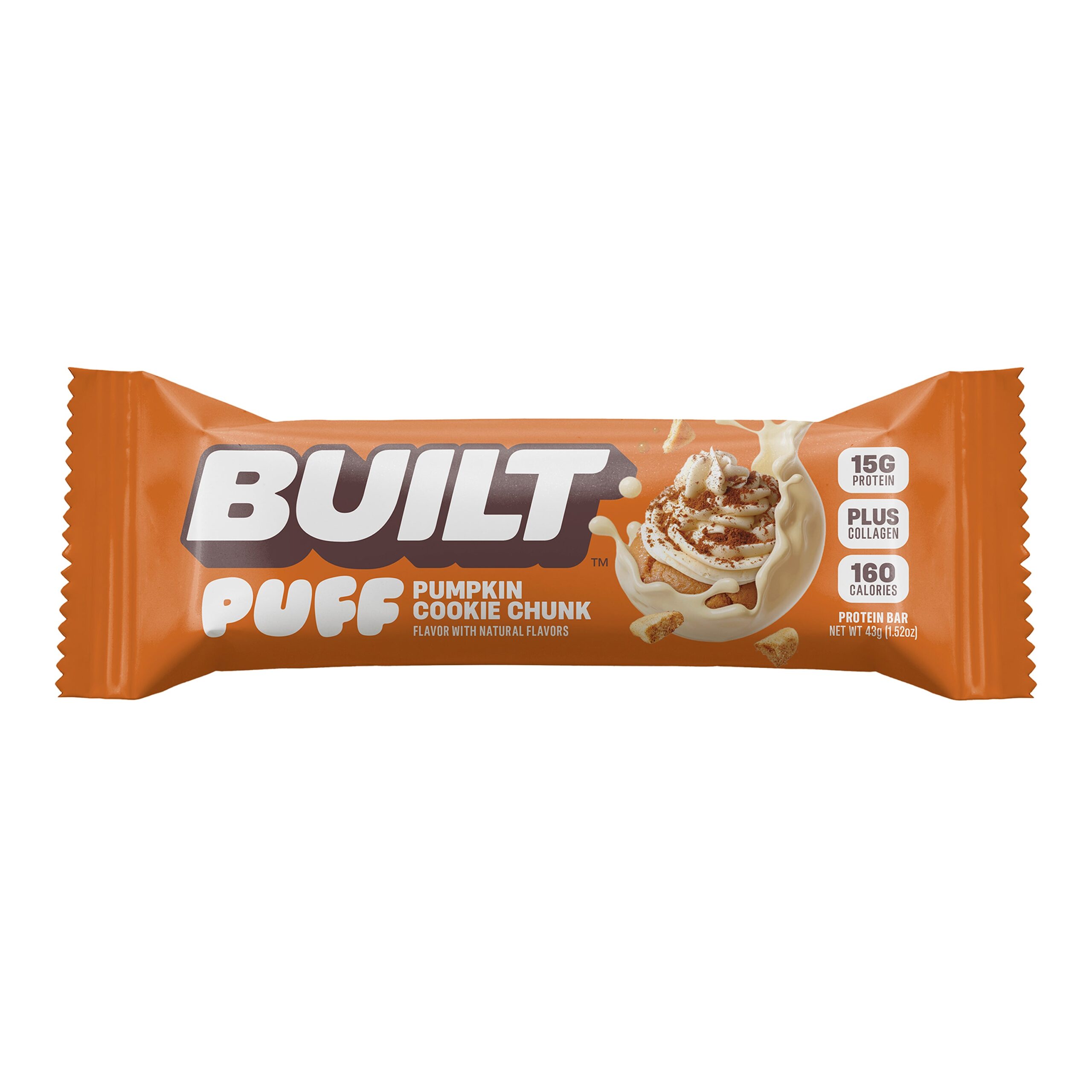 Pumpkin cookie chunk protein bar wrapper on white background displaying nutrition information
