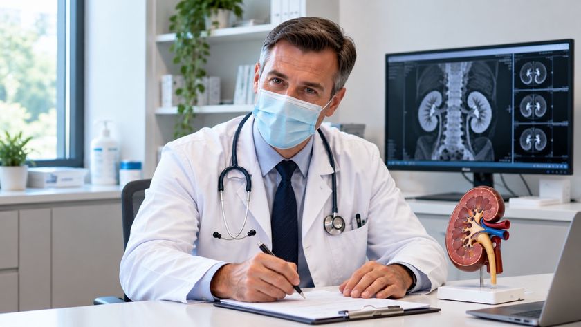 Lekarz w masce medycznej pisze w dokumentacji przy biurku z modelem nerki i obrazami MRI