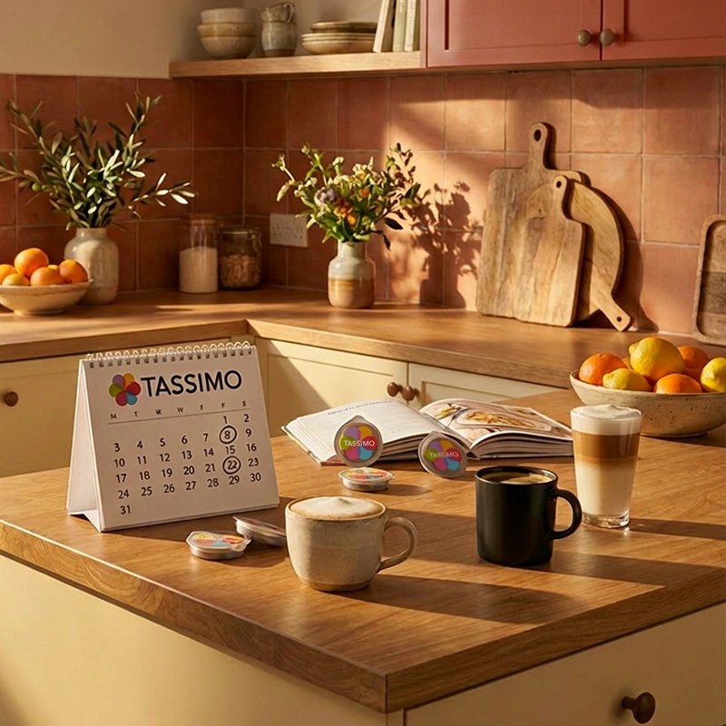 Kitchen countertop with calendar, coffee maker merchandise, mugs, and fresh flowers in warm lighting